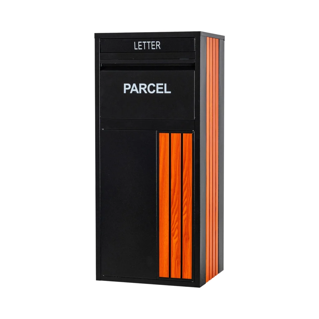 custom rear access parcel drop box in black & wood finish | ra02