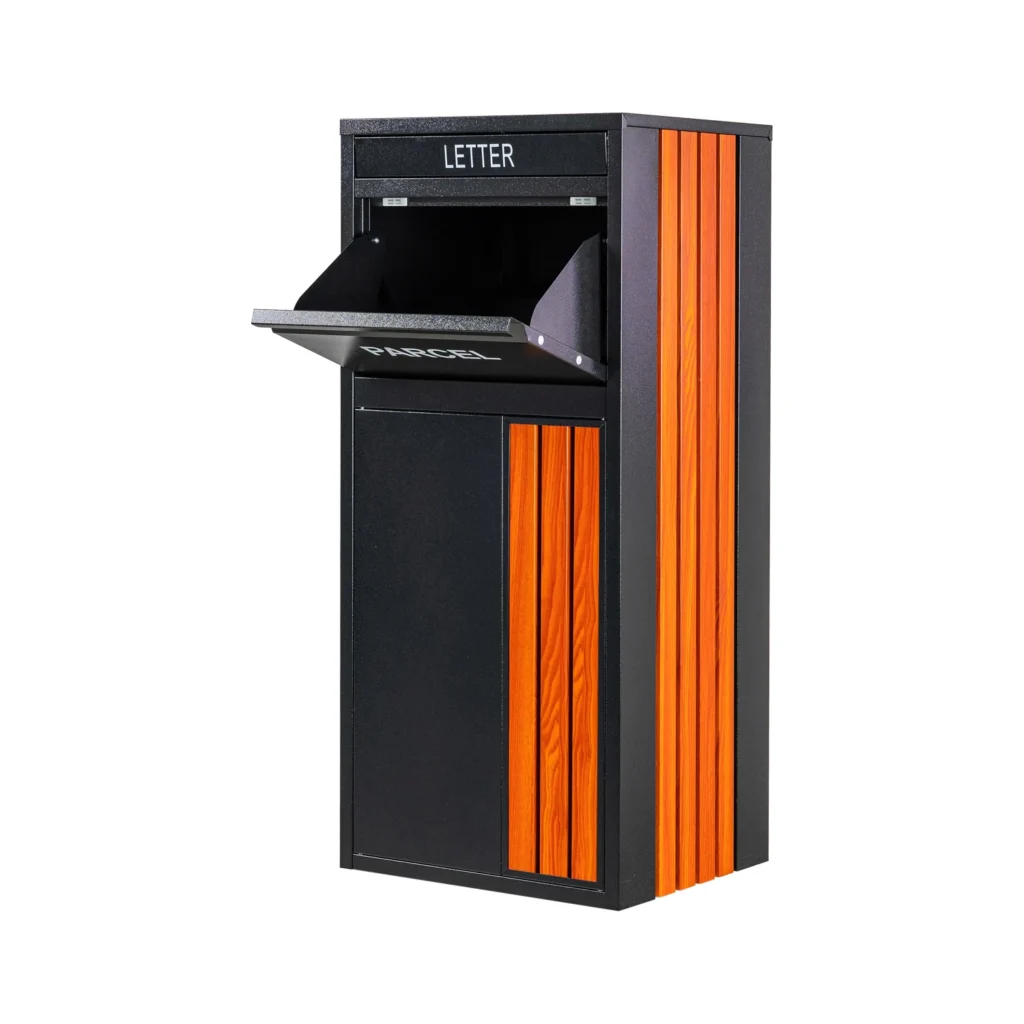 custom rear access parcel drop box in black & wood finish | ra02