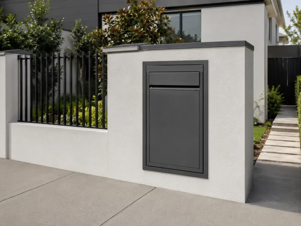 rear access parcel box for boundary wall