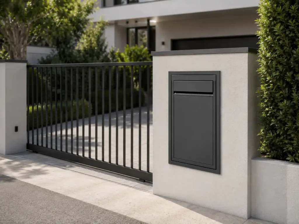 rear access parcel box for driveway gate