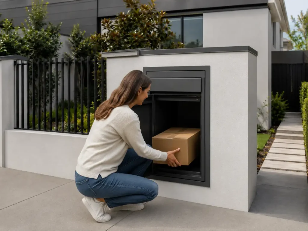 rear access parcel box for residential home